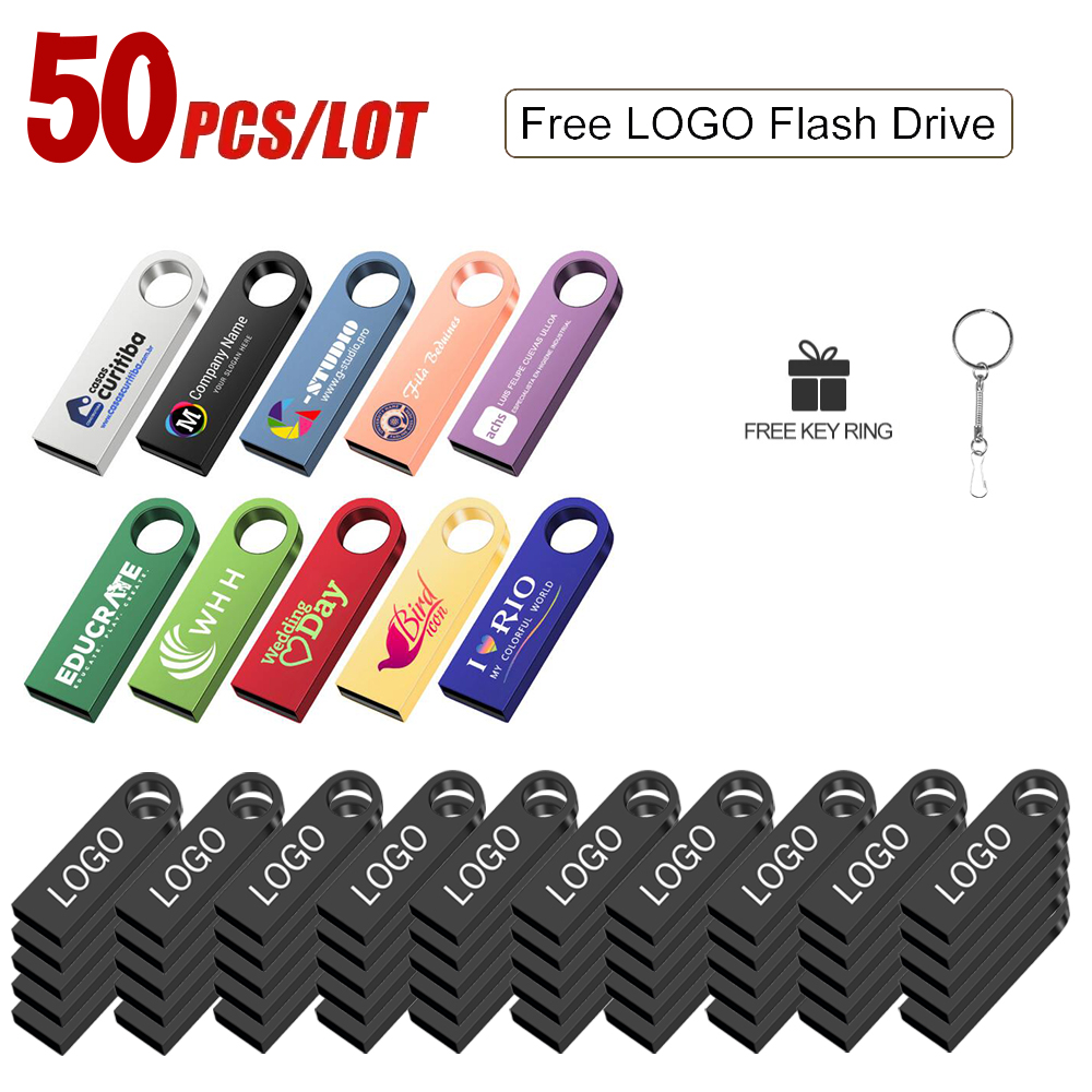 50 ピース/ロット金属 USB 2.0 フラッシュドライブ 1 ギガバイト 2 ギガバイト 4 ギガバイトのペンドライブ 8 ギガバイト 16 ギガバイトのペンドライブ 32 ギガバイト 64 ギガバイトメモリ USB スティック 128 メガバイト 256 メガバイト無料ロゴ