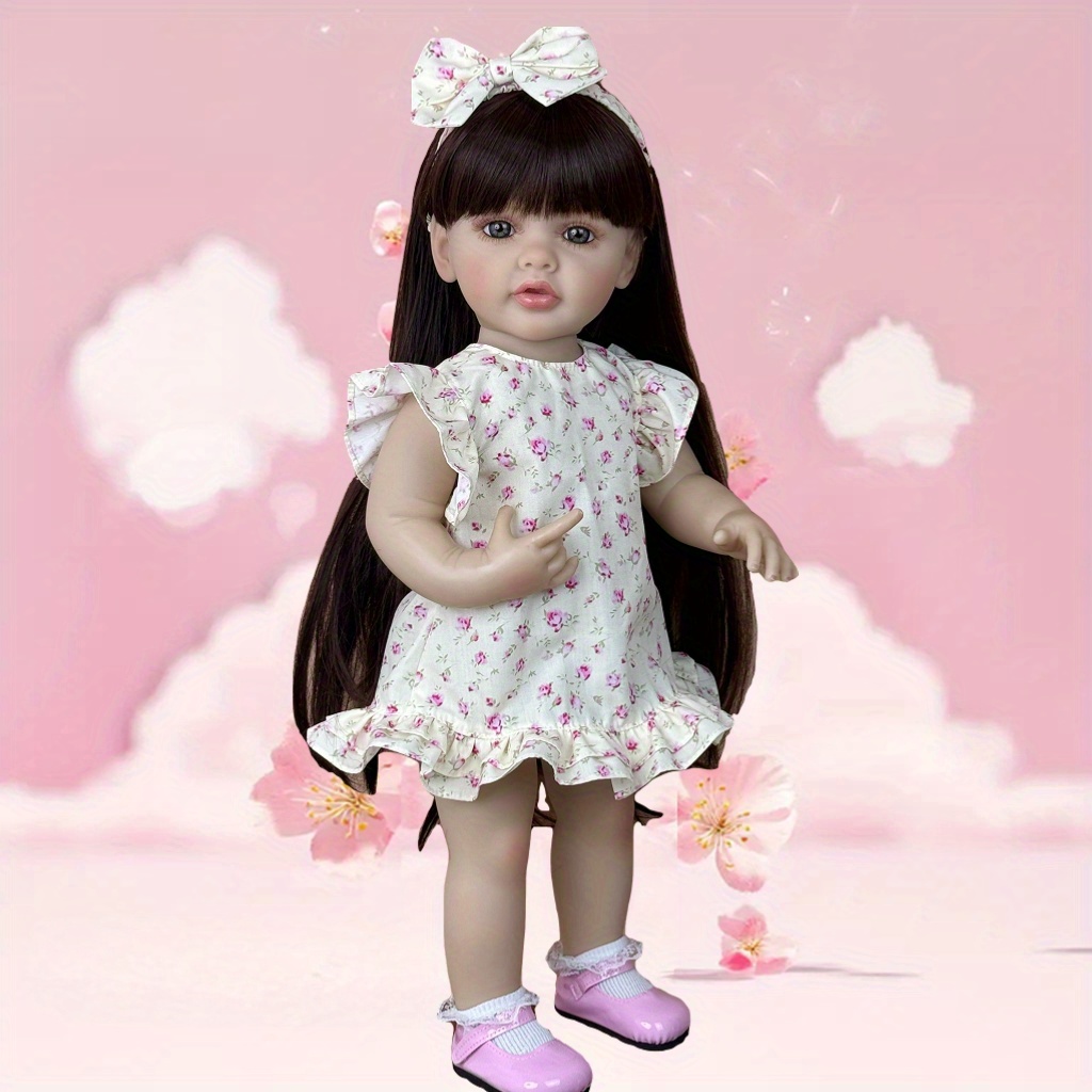 BZDOLL 55 センチメートル 22 インチフルビニールボディリボーンベビードールおもちゃブラウンロングヘアプリンセス幼児甘い赤ちゃん人形手作り誕生日ギフト