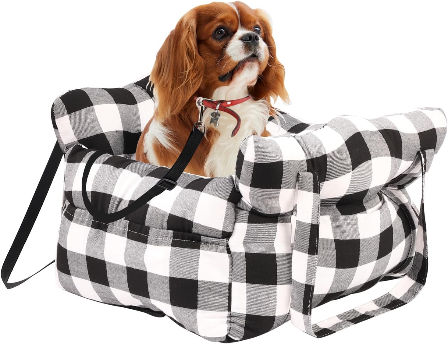 中型犬用カーシート 最大28ポンド - ペットトラベルベッドブースター、収納付き、安全テザー、車用滑り止め底 (グリーン/ホワイト)