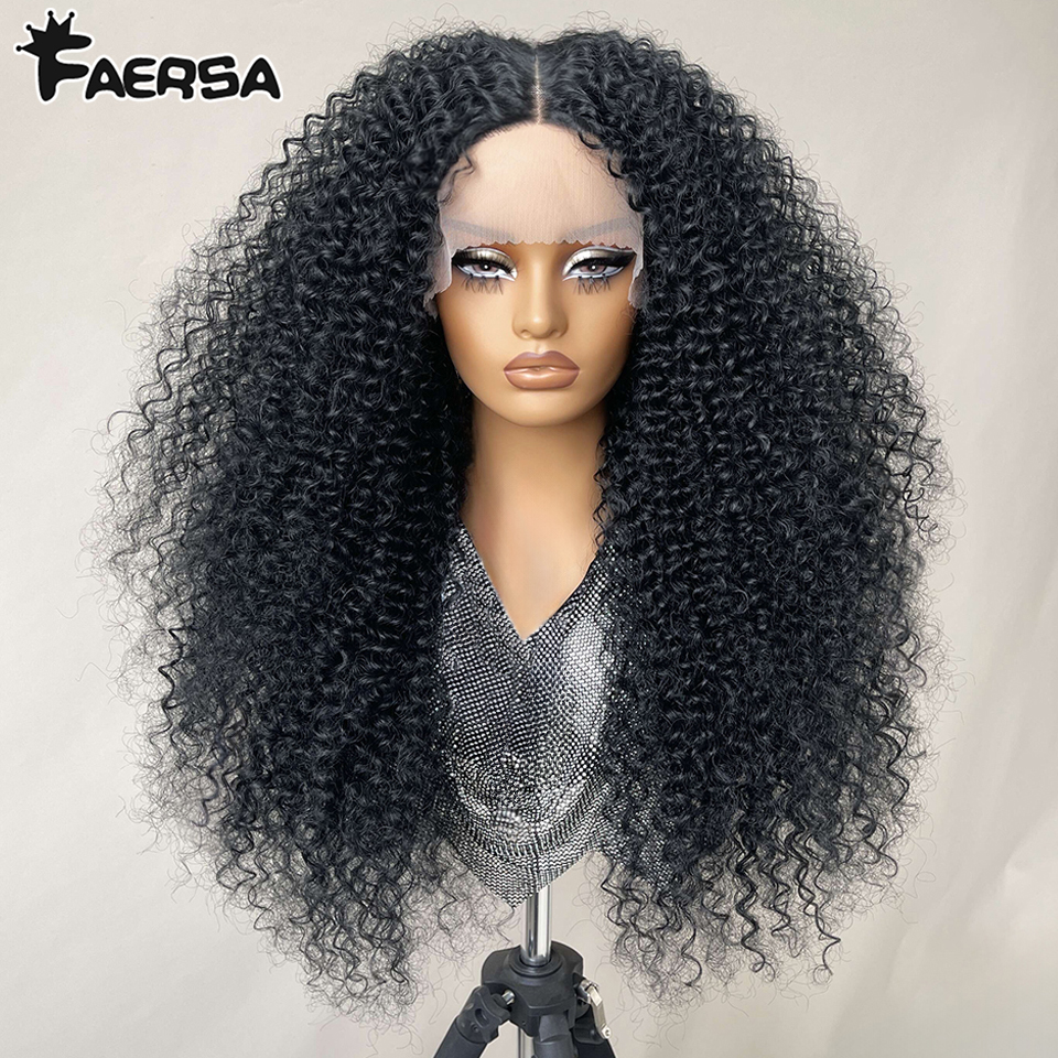 変態カーリー合成レースフロントウィッグ 24 "ジェリーカール黒ブレンド髪事前摘み取られた Latisha T パートレースフロントウィッグ女性のための