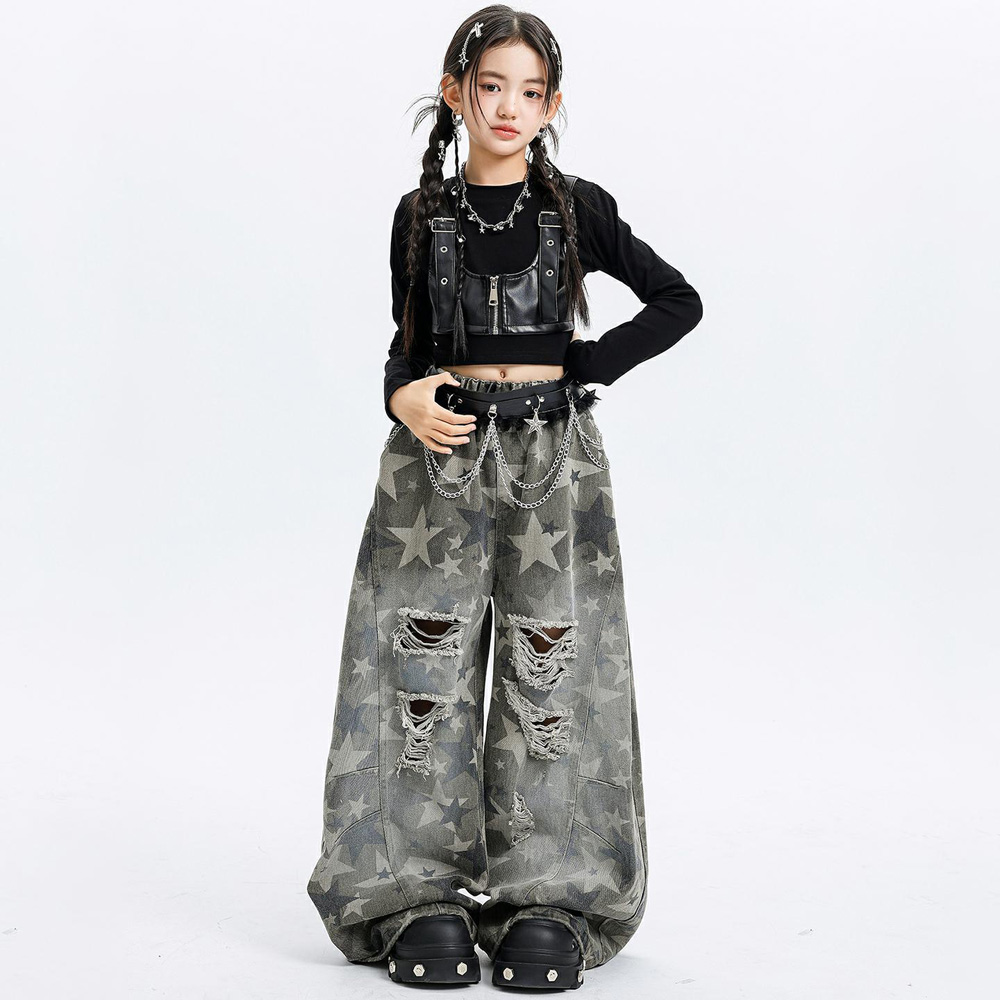 子供ヒップホップの服黒リベットパンク作物ジャケット迷彩スター湾曲したブレードリッピングパンツ女の子のためのストリートダンス衣装服