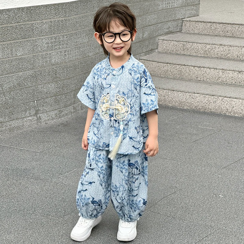 ファッション子供セット夏ベビー唐スタイル韓服スーツ男の子衣装子供服半袖ツーピースセットカジュアル少年衣装