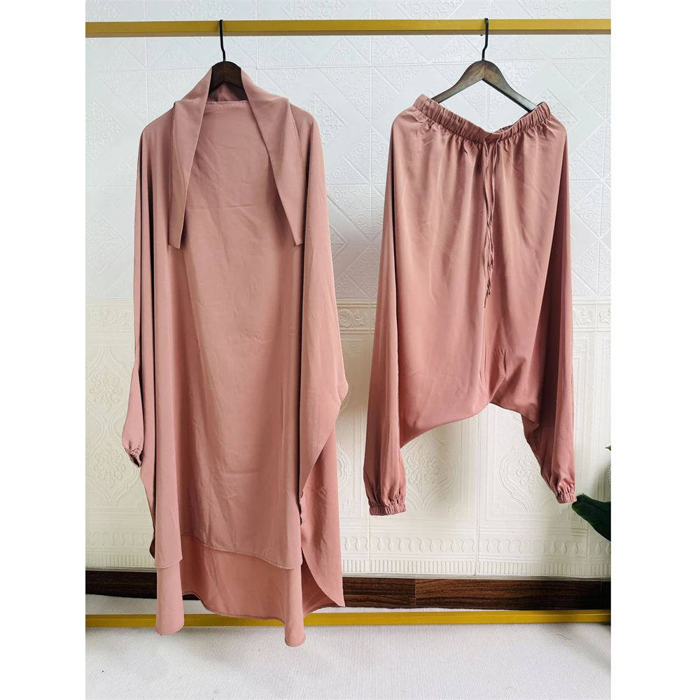 イードフード付きイスラム教徒の女性の祈りの衣服ドレスセット 2 ピースハーレムパンツ Khimar ローブフルカバーラマダンガウンアバヤイスラム Niqab