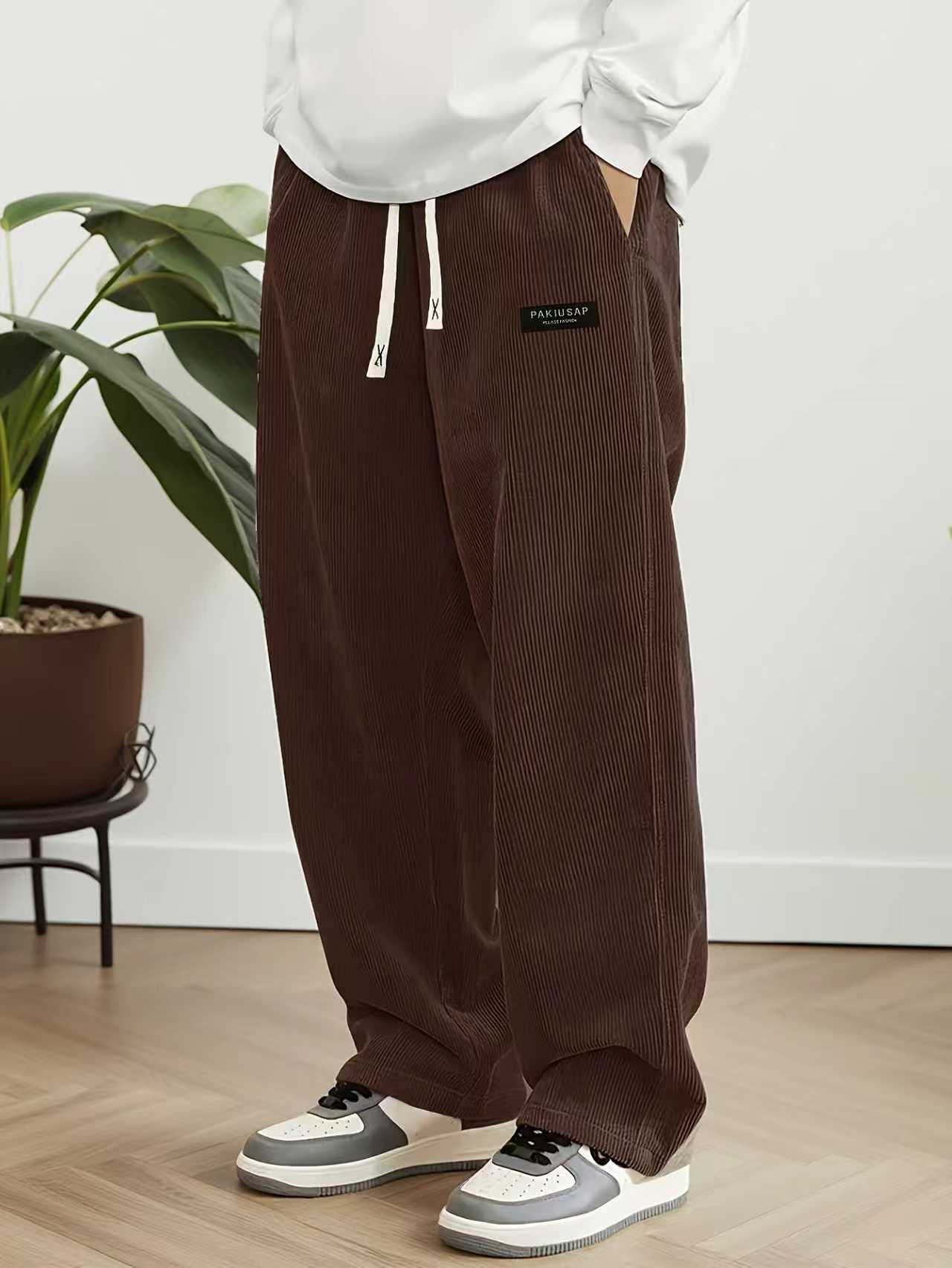 新モデル男性コーデュロイワイドレッグパンツ弾性巾着ウエストルーズストレートカジュアルパンツファッションストリートだぶだぶスウェットパンツ
