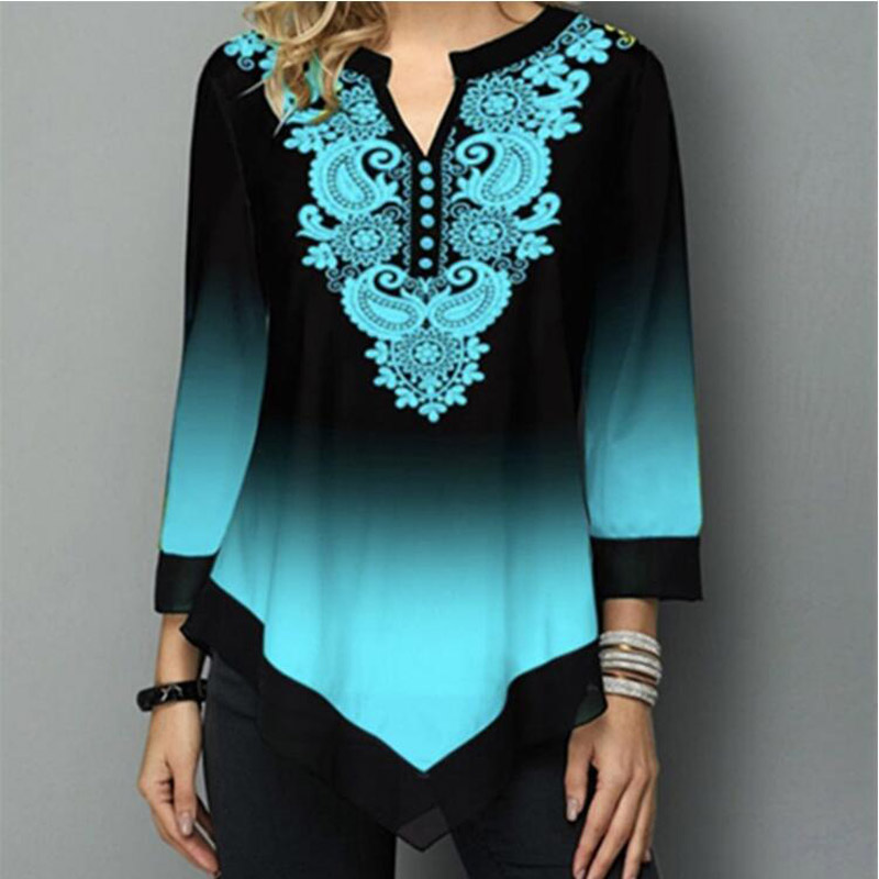 シャツ女性春夏ブラウス 3/4 スリーブカジュアル印刷女性のファッションシャツ Tシャツトップス 5XL ストリートシャツ