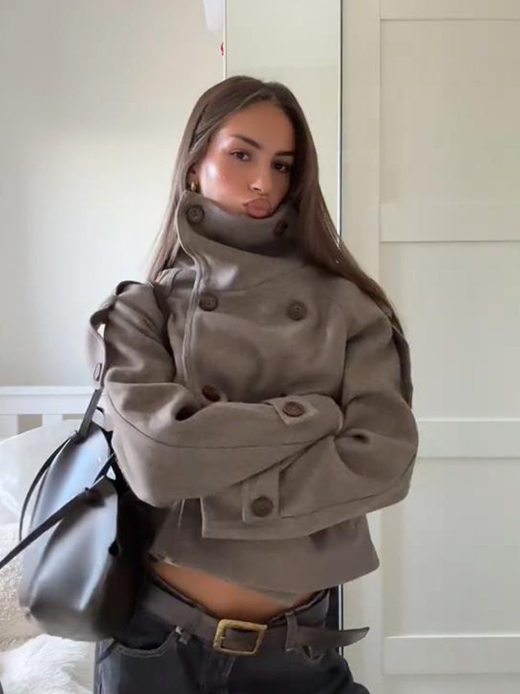ファッション女性のスタンドカラーコート長袖ダブルブレスト固体ポケットジャケット女性 2025 秋冬女性の新しいストリート