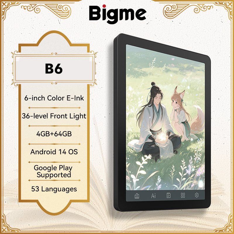 Bigme B6 電子ブック リーダー、6 インチ カラー電子インク電子ブック、36 レベル フロント ライト、Android 14 OS、ペーパーライク電子ブック リーダー