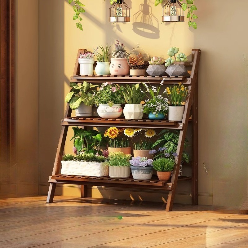 折りたたみフラワースタンド バルコニー植物棚 多段はしご植物ホルダー 吊り下げ竹プランターラック 多肉植物鉢植え用
