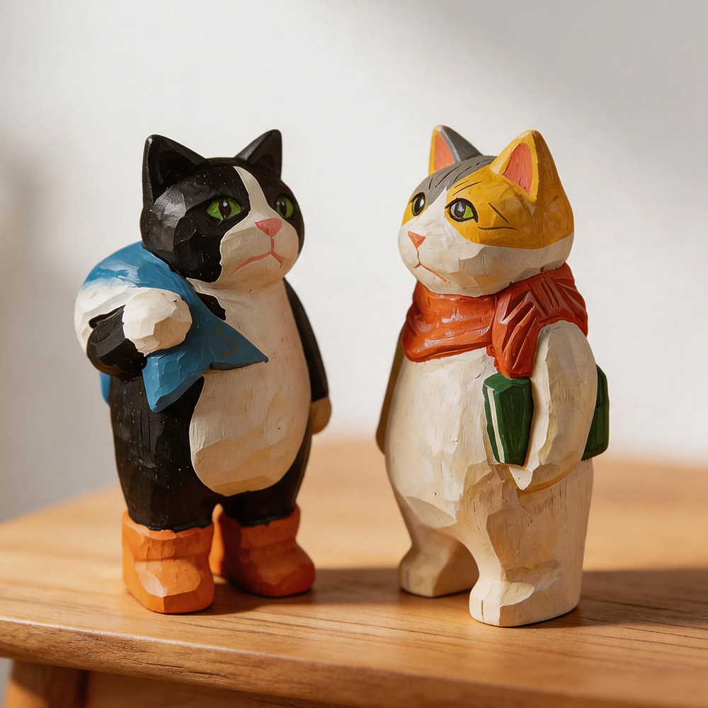 手彫りの木製猫の置物かわいい子猫の像手描きの木製動物の彫刻ホームデスクの装飾飾り誕生日ギフト