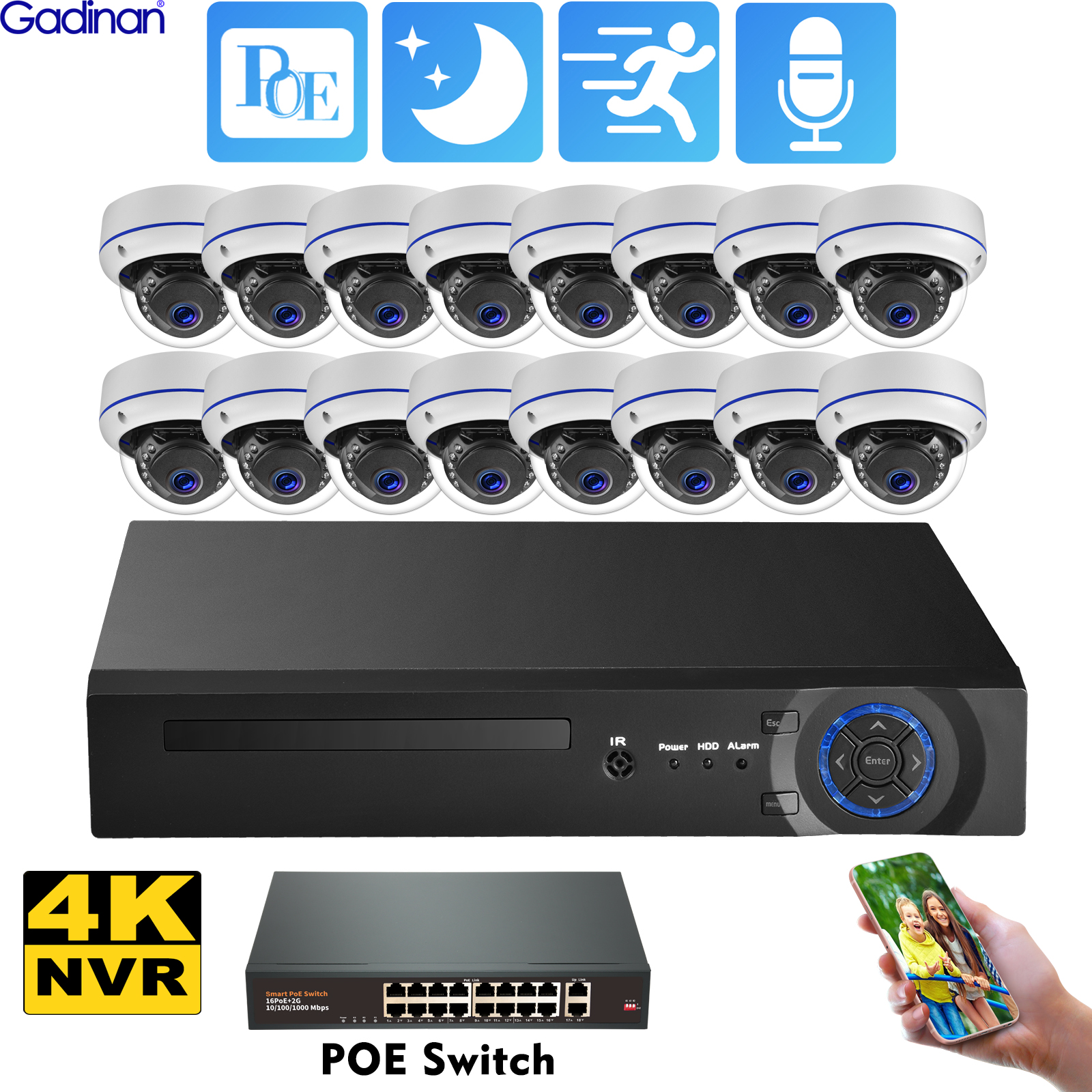 16CH 8MP 4K POE NVR キットセキュリティカメラシステムオーディオ H.265 IP AI スマートホーム屋外屋内 P2P CCTV ビデオ監視セット