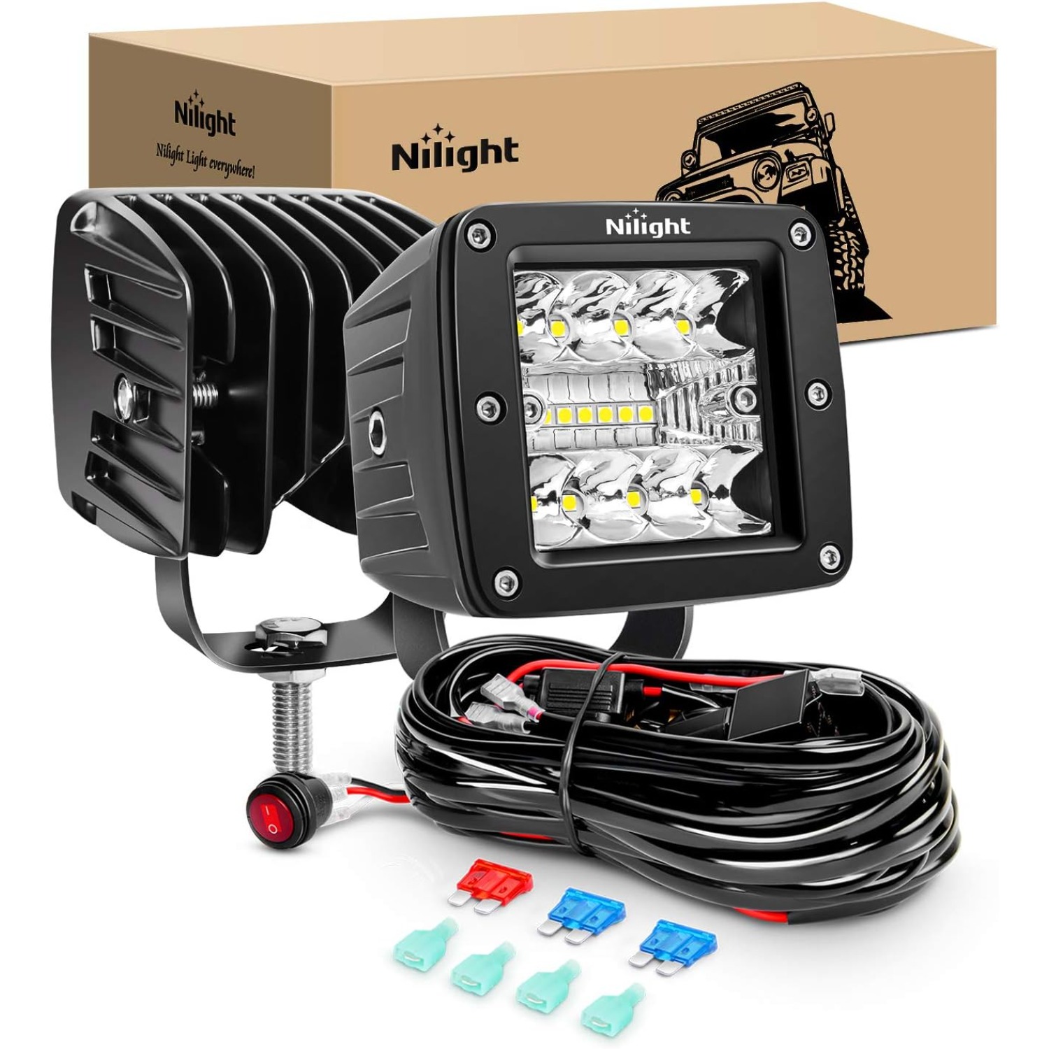 Nilight 3 インチ LED キューブポッドライト、42W スポット/フラッドコンボビーム、配線ハーネスキット付き補助ドライビングライト 2 個、トラック、ジープ、SUV、ATV、UTV 用のリバースバックアップライト