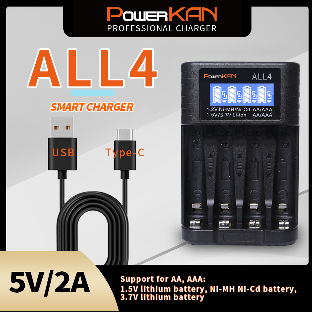 POWERKAN ALL4 AA/AAA 4 スロット 1.2V Hi-MH 用の小型便利なバッテリー充電器
