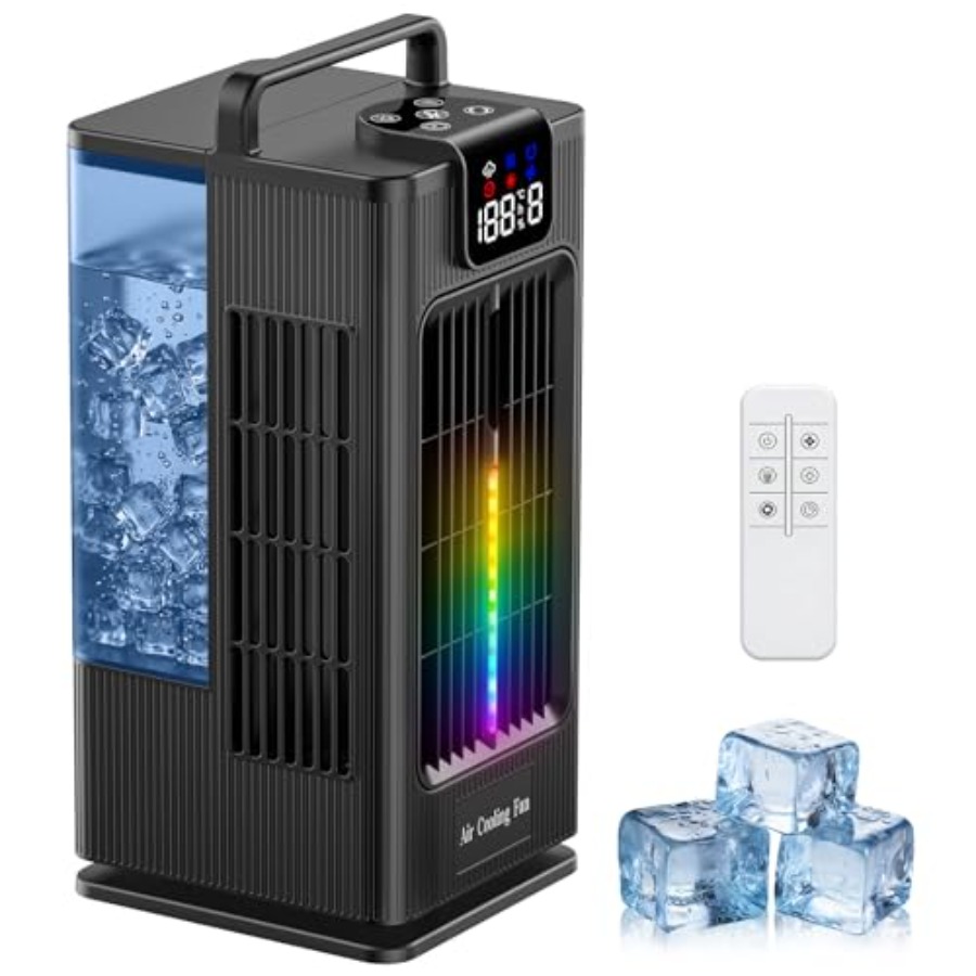 寝室/デスク用ポータブルエアクーラー: 3つのミストモード、4つの速度、120振動、RGBナイトライトを備えた白の2000mlプラスチックユニット