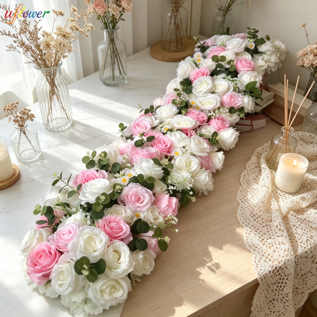 Uflower 200 センチメートルピンクホワイトローズグリーン植物葉花行結婚式の背景の装飾床フラワーランナーイベントテーブル装飾小道具