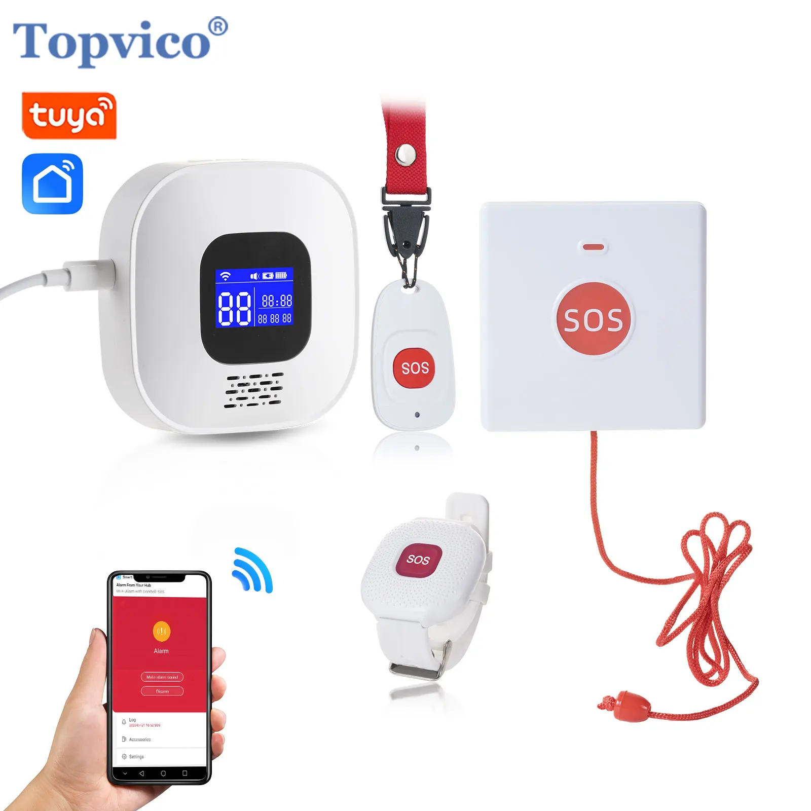 Topvico Tuya SOS ボタン WiFi 緊急ボタン 高齢者アラーム、転倒警報コール、パニックボタンブレスレット 高齢者用