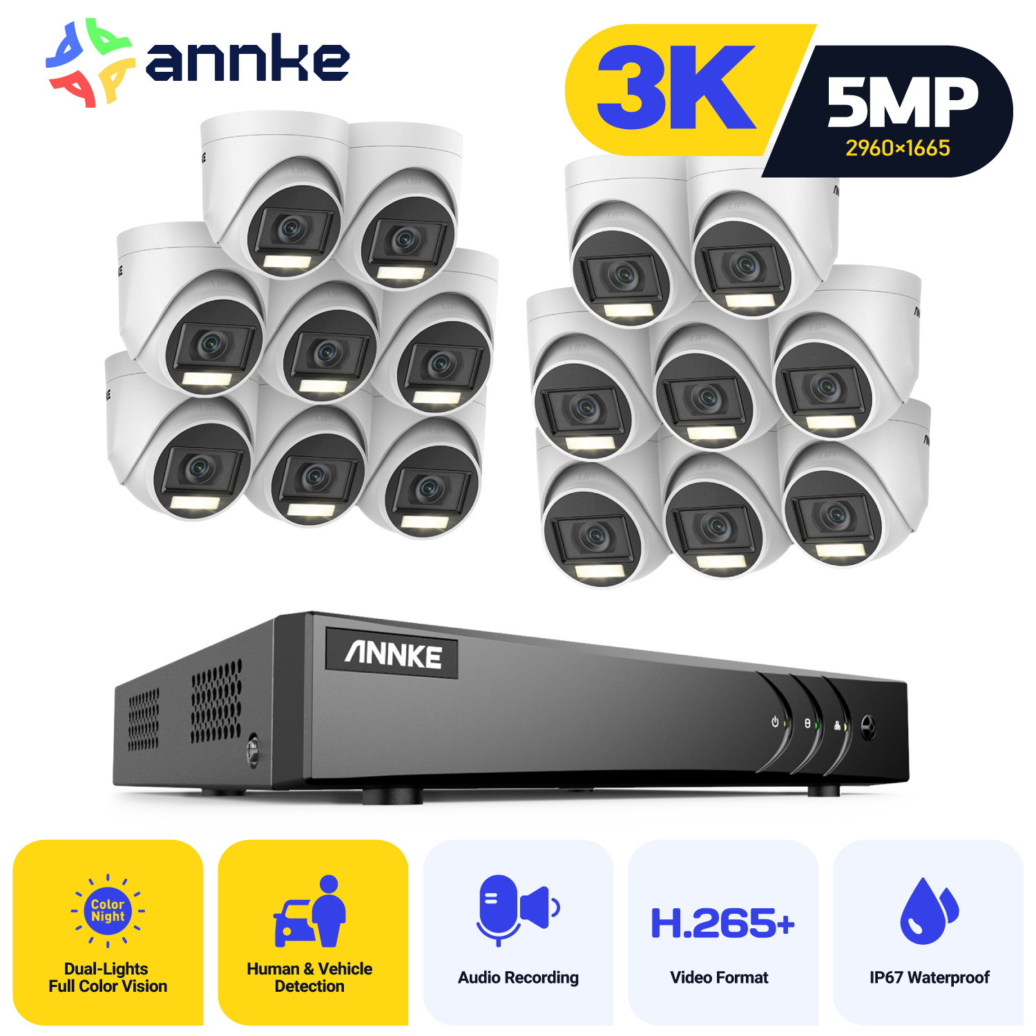 ANNKE 16CH 5MP Lite セキュリティカメラシステム H.265 DVR 8/12/16 個のアナログカメラ IP67 防水 CCTV ビデオセキュリティキット