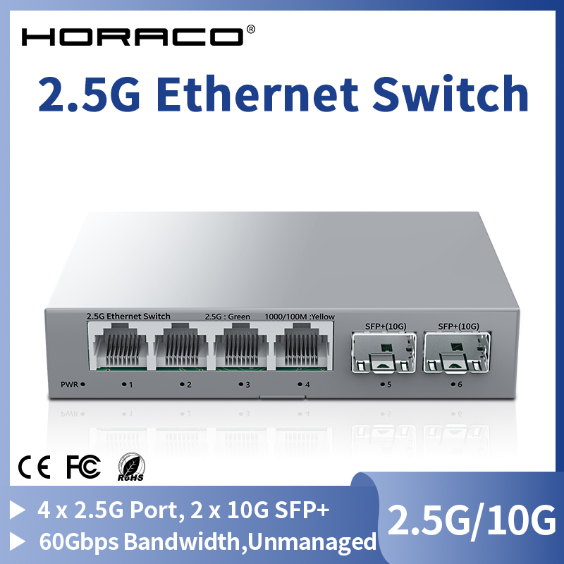 HORACO 2.5GbE スイッチ 2.5GBASE-T 4 ポート 2.5G RJ45 2 ポート 10G SFP ファンレスプラグアンドプレイネットワークスイッチデスクトップ壁掛け