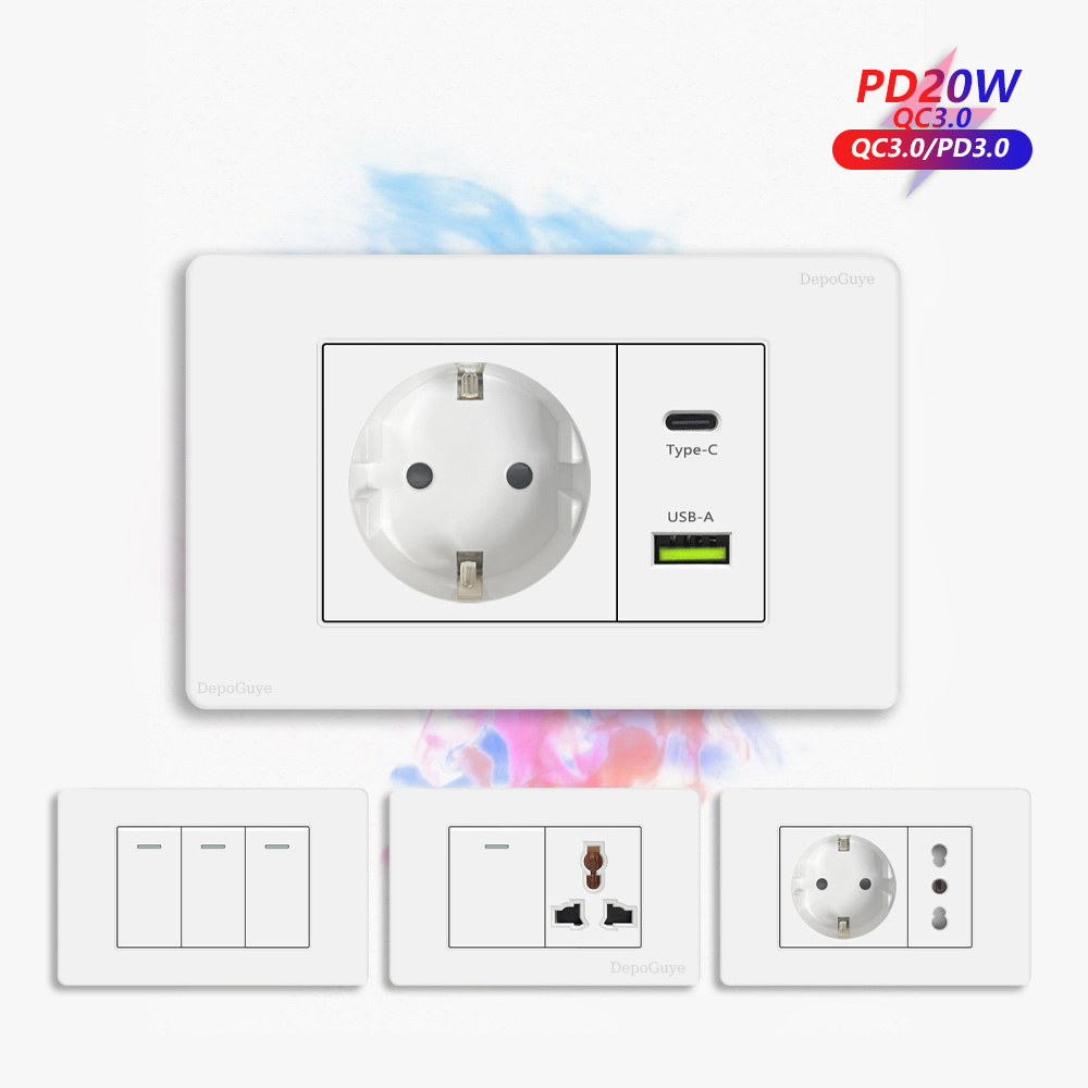 EU 韓国標準 4*2 ウォールライトスイッチソケット、USB Type-c 20W 急速充電器プラグ、1/2/3/4/ギャング 2 ウェイスイッチ PC パネル電源オンオフ