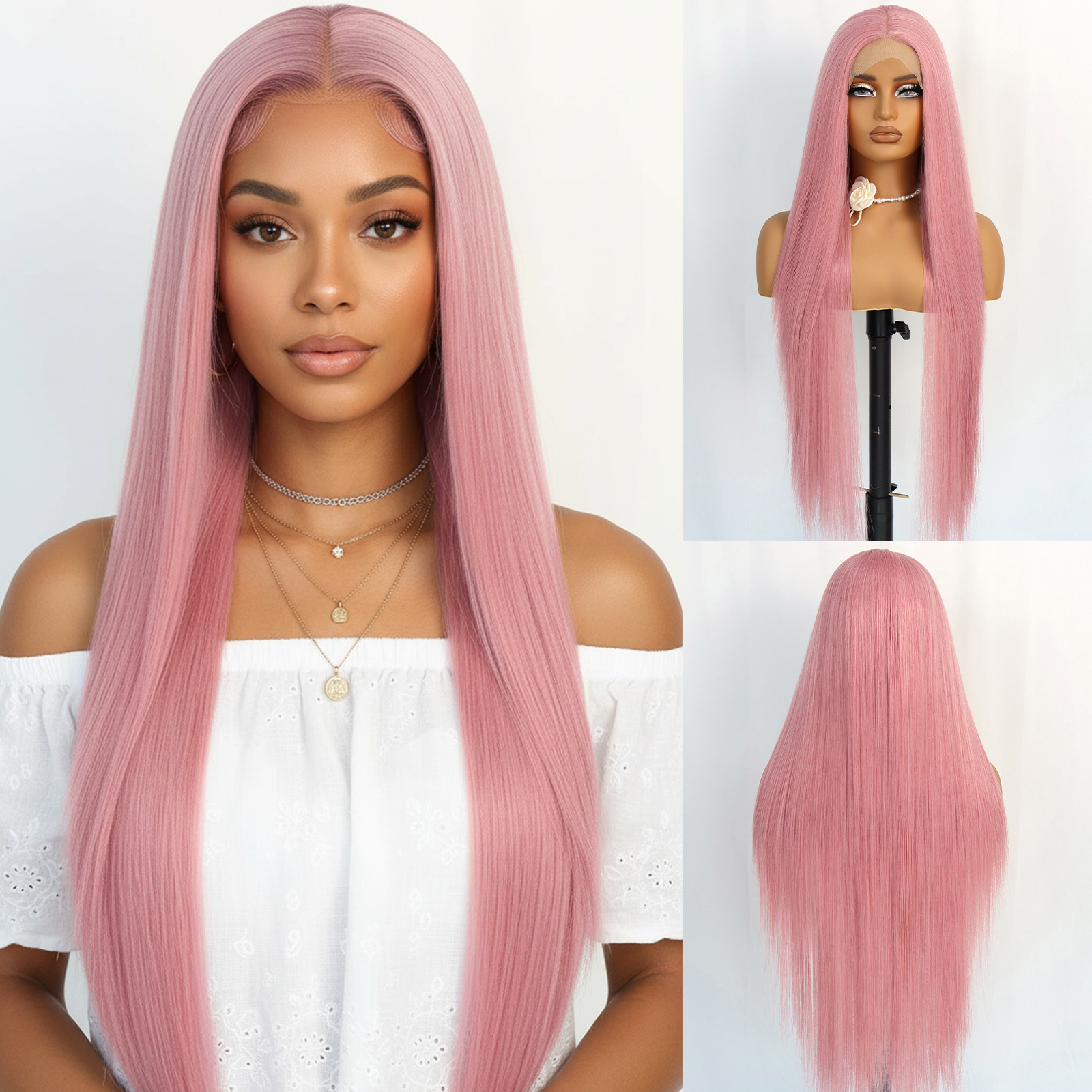 Aubree 合成レースフロントウィッグ女性のための 13 × 4 × 1 レース前摘みピンク髪 32 インチロングストレートコスプレかつら耐熱