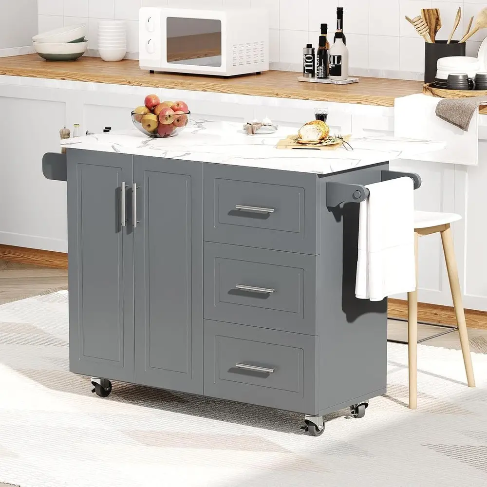 キッチンアイランド キャスター付き 収納付き ドロップリー 補助大理石テクスチャーテーブルトップ 43インチ キッチンアイランドカート タオルラック付き