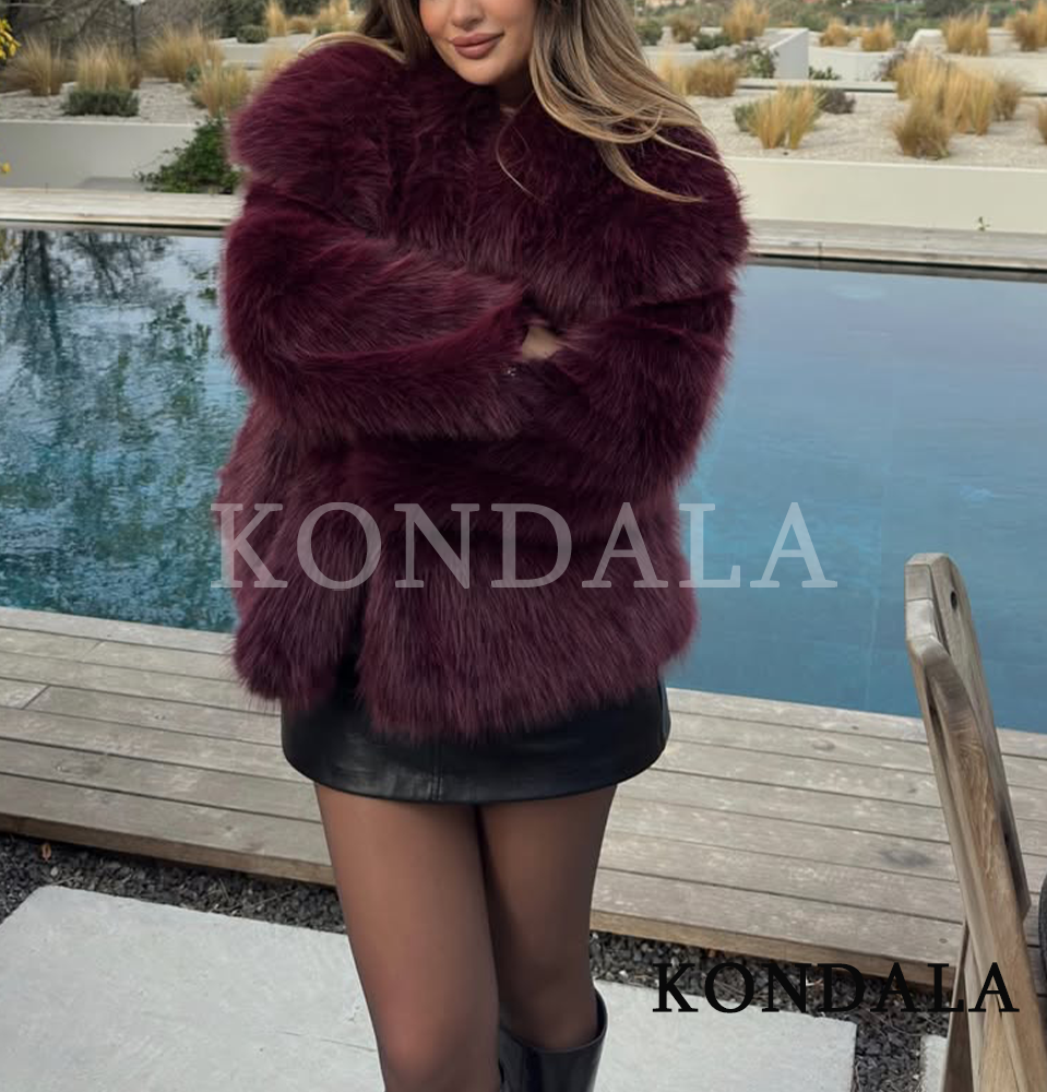 KONDALA エレガントなブルゴーニュ赤毛皮コート女性ラペルフェイクファールーズコート 2025 秋冬ファッションストリートコートディナーパーティーコート