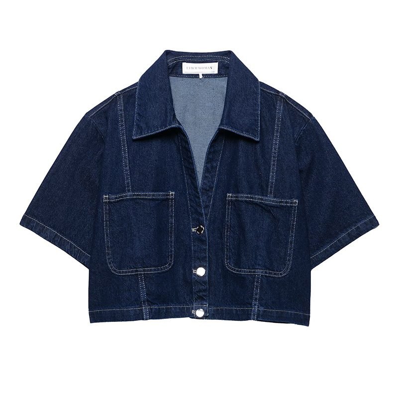 Willshela 女性ファッションポケット付きデニムブルーシングルブレストクロップブラウスヴィンテージラペルネック半袖女性レディシャツ