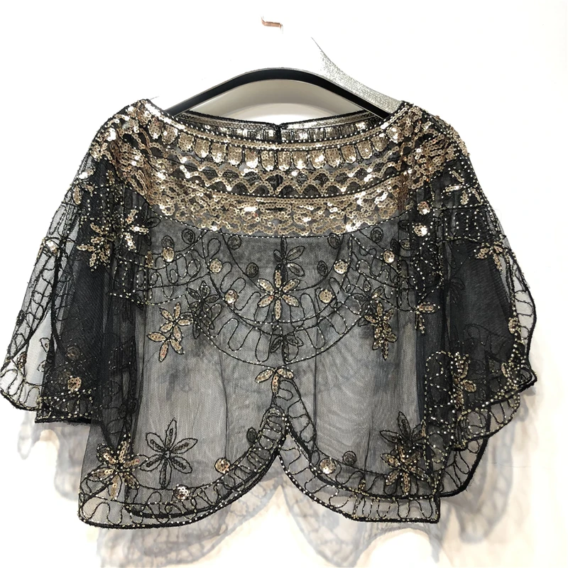 新しい女性ヴィンテージビーズスパンコールフリンジエレガントなバロック刺繍ショール 1920 年代フラッパーパーティーカバーアップ無地通気性メッシュ