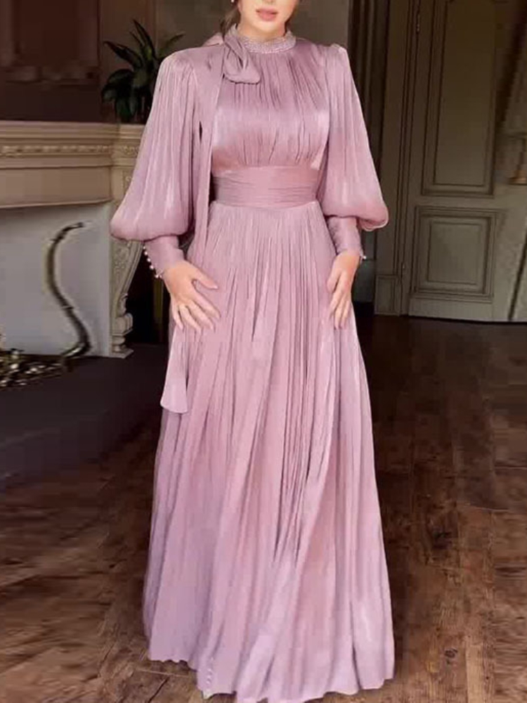 秋冬イブニングドレスプリーツウエスト締めロングパフスリーブドレスAラインラインストーンヴィンテージフレンチスタイルパーティードレス