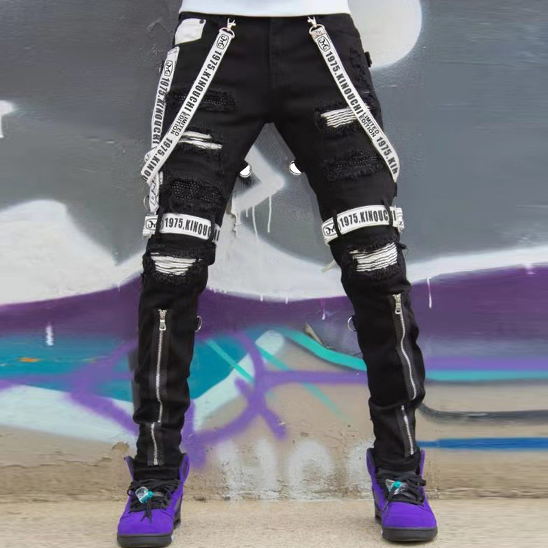 黒ウェビングカーゴジーンズ男性ヒップホップパンクゴス Techwear ファッションメンズ破れたデニムズボンナイトクラブスタイルスキニージーンズ男パンツ