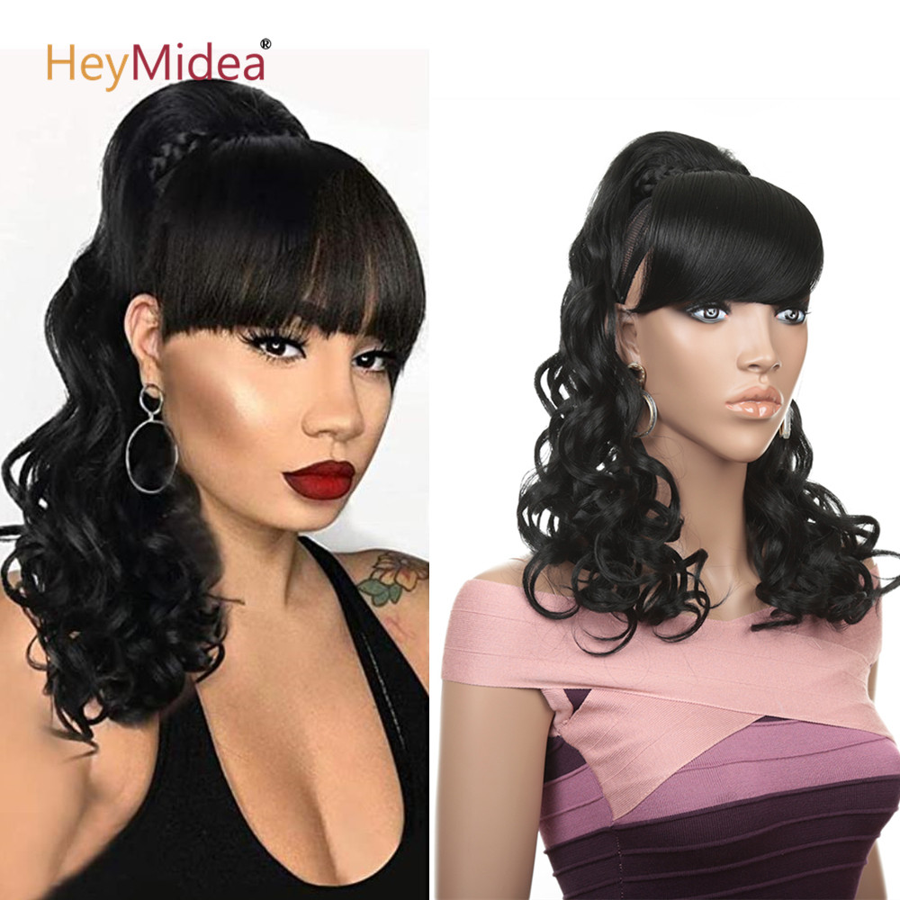 ポニーテールエクステンション合成カーリーポニーテール前髪付きクリップヘアエクステンションアフロ巾着ポニーテールアフリカ系アメリカ人HeyMidea