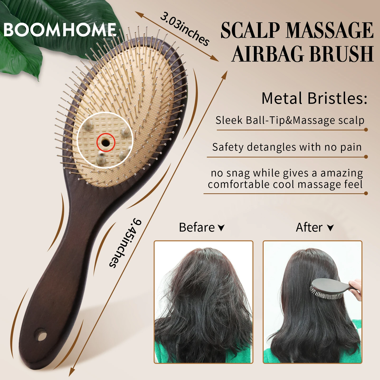 デンマンヘッドマッサージブラシ鋼ヘアブラシ木製ヘアブラシ鋼針頭皮エアバッグヘアブラシ髪をとかすため