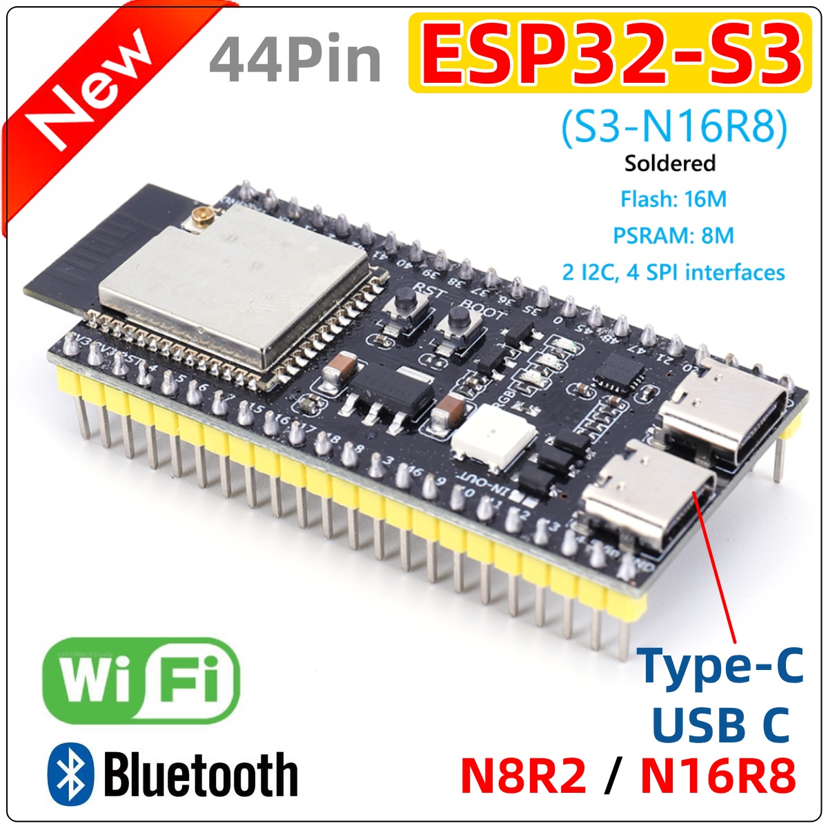 ESP32-S3-DevKitC-1 Bluetooth 2.4G Wifi モジュール開発ボード Arduino 用 16MB フラッシュ 8MB PSRAM 44Pin デュアル Type-C N8R2 N16R8