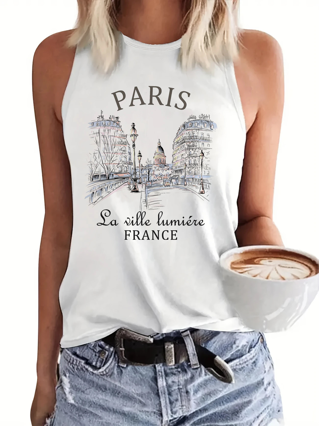 パリデザイン Tシャツ プリント ベスト グラフィック プリント タンクトップ レディース ノースリーブ クルーネック カジュアル トップ 夏 春用