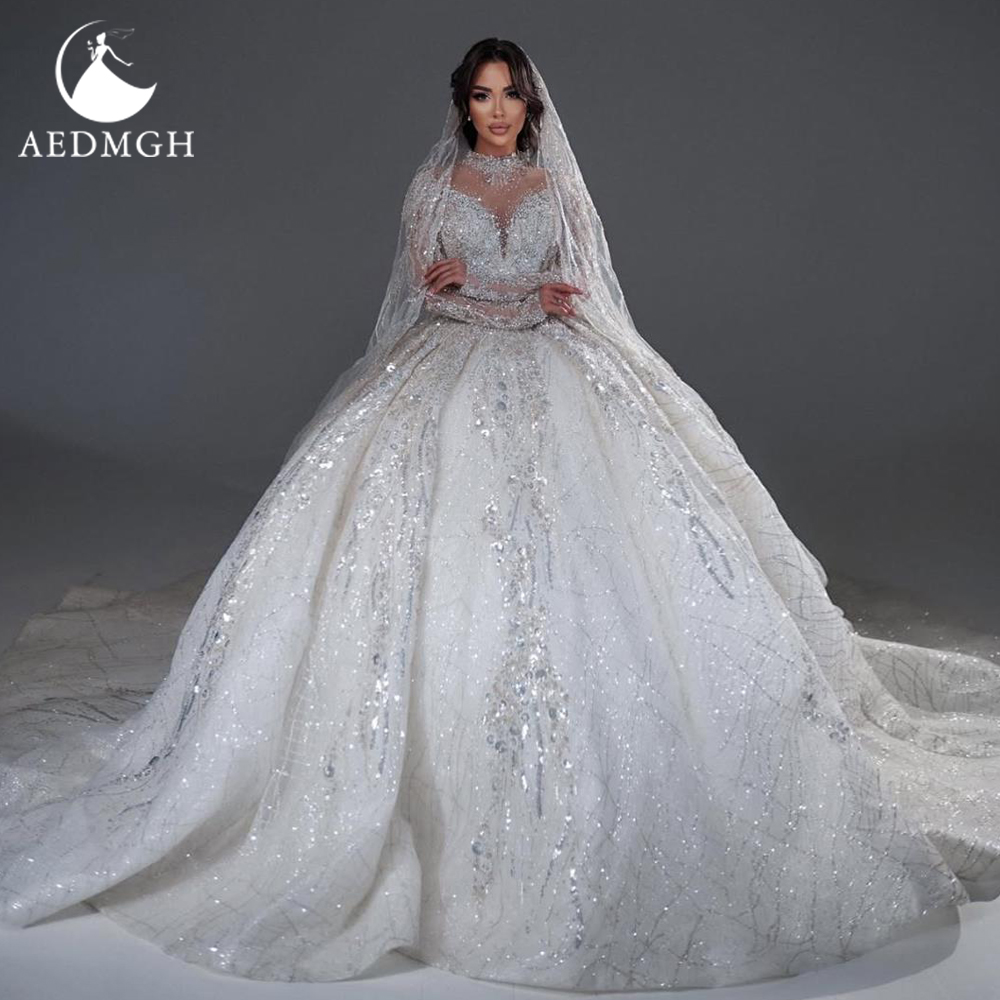 Aedmgh ボールガウン高級ウェディングドレスハイネック長袖 Vestido デノビアレーススパンコールプリンセスカスタムメイドのブライダルドレス