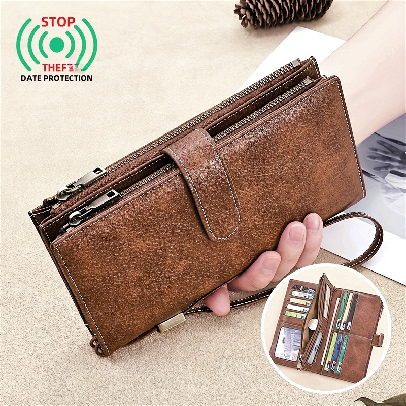レトロ大容量 70% オフ財布 Rfid 盗難防止 Pu レザークラッチバッグデュアルユースデザインとリストストラップユニセックス