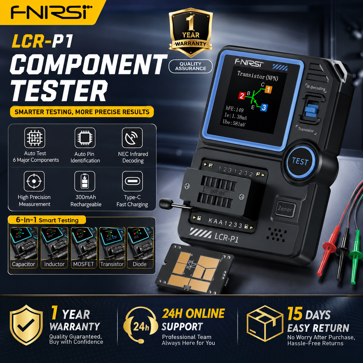 FNIRSI LCR-P1 トランジスタテスター ダイオード 三極管 容量計 抵抗 LCR ESR メーター MOSFET NPN PNP SMD 多機能テスター