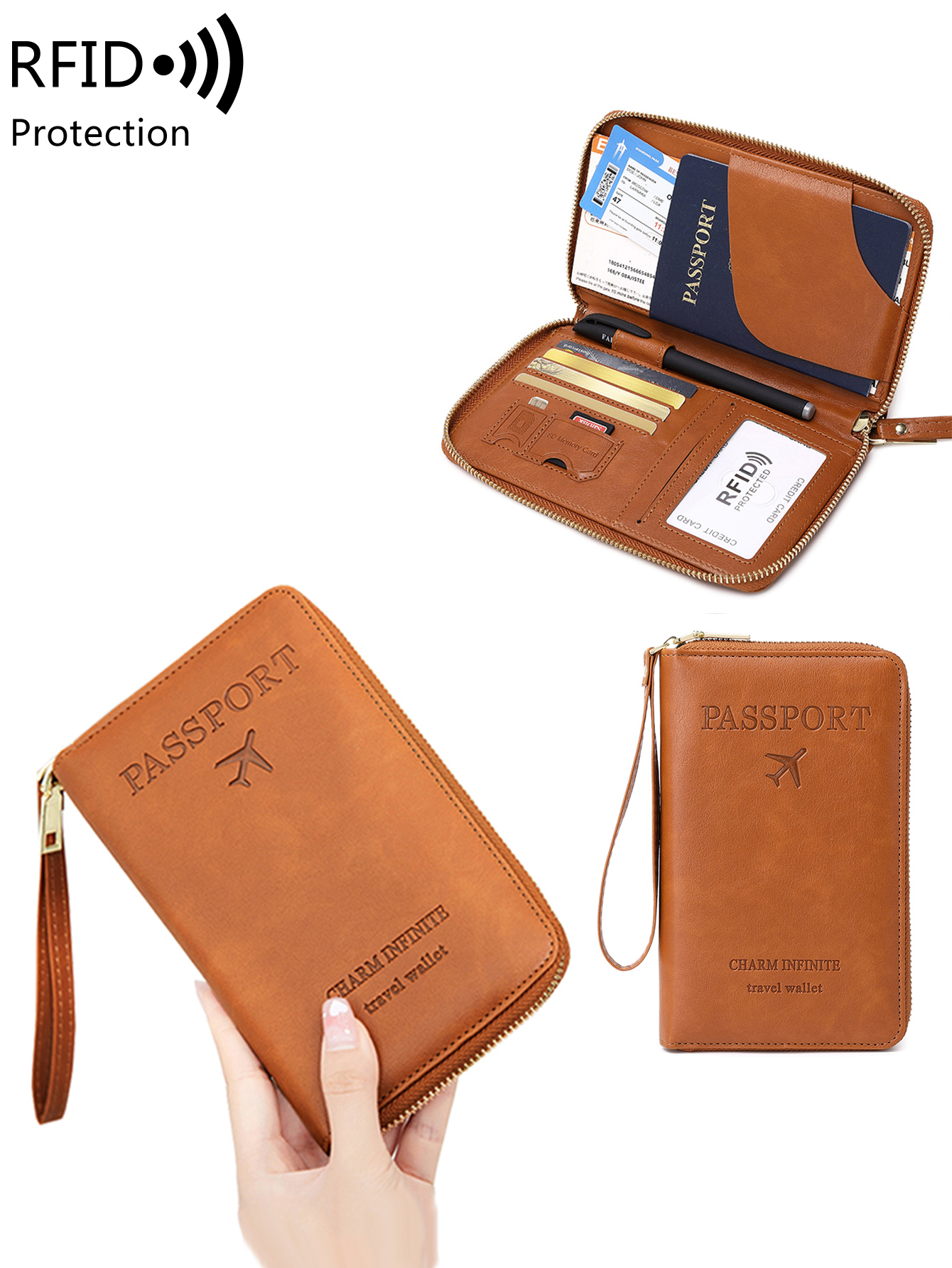 RFID ロングパスポートクリップ PU ポータブルクリエイティブ飛行機パスポートバッグ多機能ジッパー旅行パスポート財布リストバンド付き