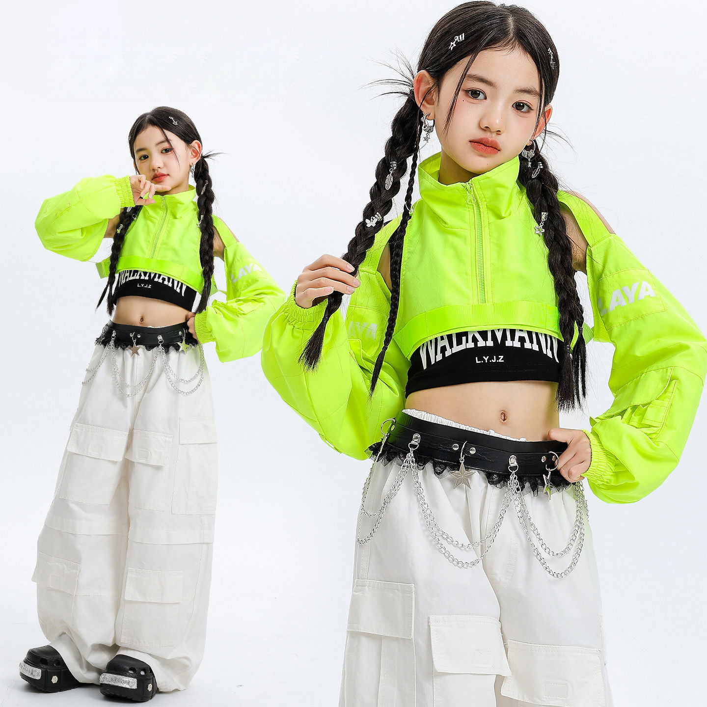 Kid Kpop Hip Hop Clothing Green Off Shoulder Crop Top White Multi Pockets Wide Cargo Pants for Girl Street Dance Costume Clothes