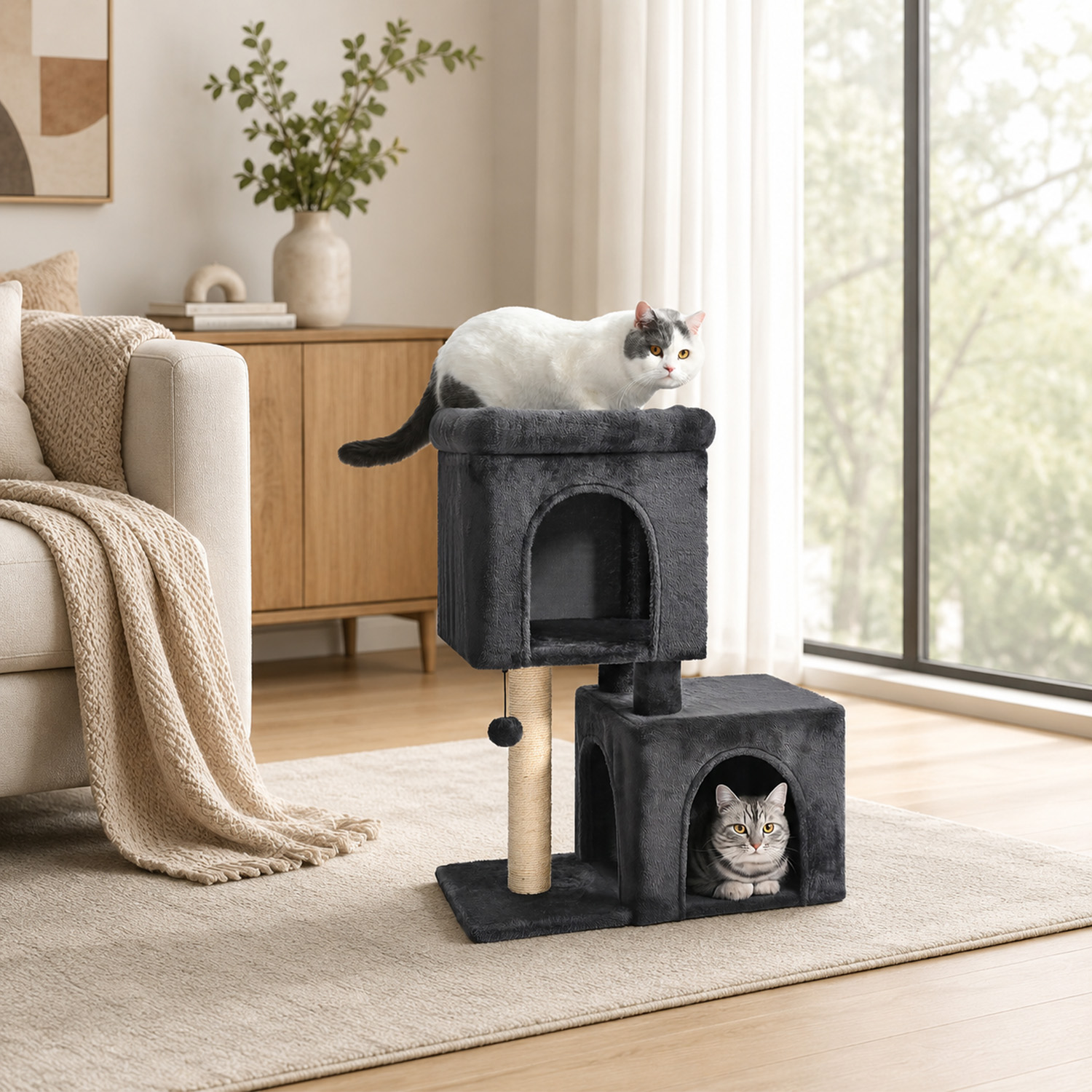 30インチのキャットツリー 2つの居心地の良いコンドミニアム サイザル爪とぎポスト付き ソフトトップパーチ 吊り下げポンポン 小型キャットタワー 屋内子猫用 家具ハウス 猫のおもちゃ