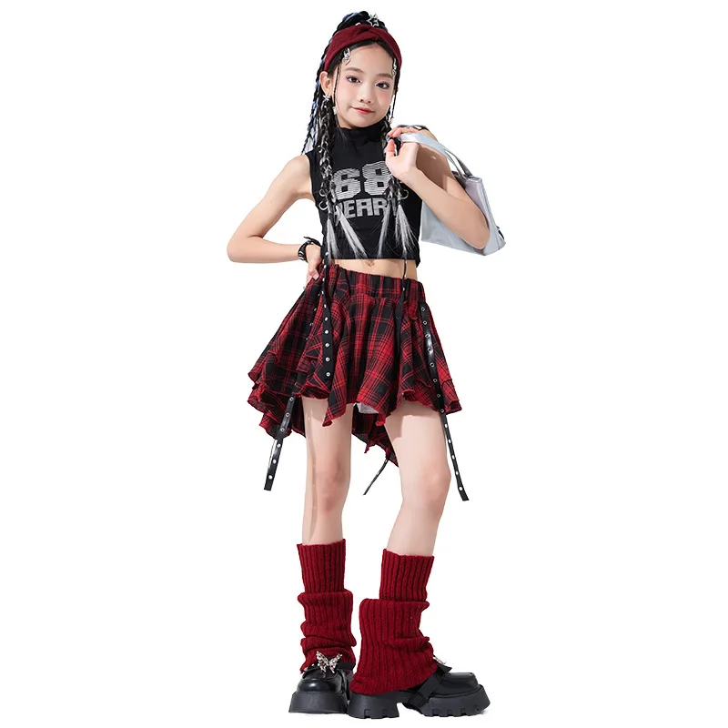 ヒップホップクロップトップチェック柄ストリートダンススカート女の子リボンプリーツスカートティーンジャズクール衣装子供ストリート服