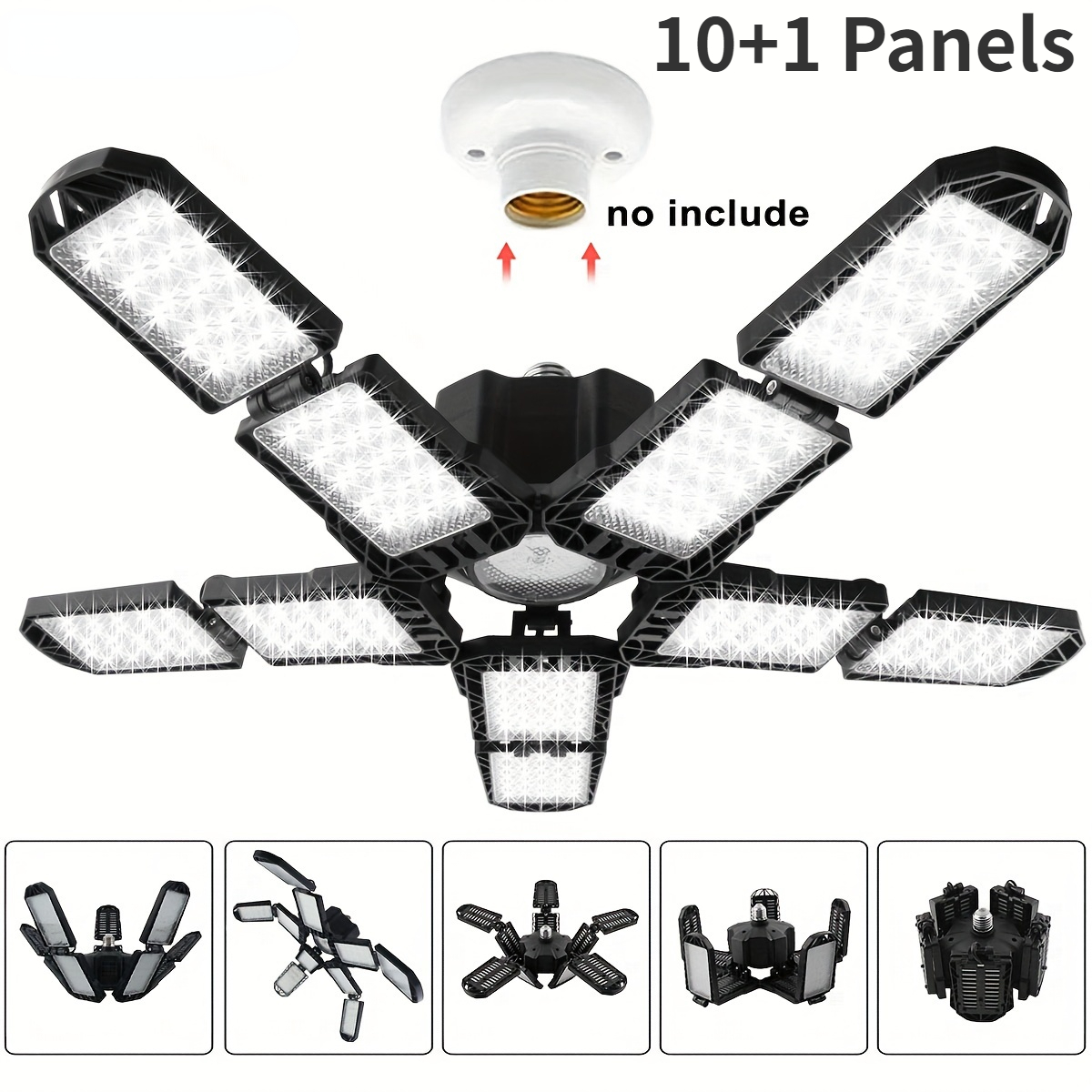 Foldable LED Garage Lights 7/10+1 Adjustable Panels Suitable for E26/E27 Bulb Base Super Bright Ceiling Lamp for Warehouse Shop