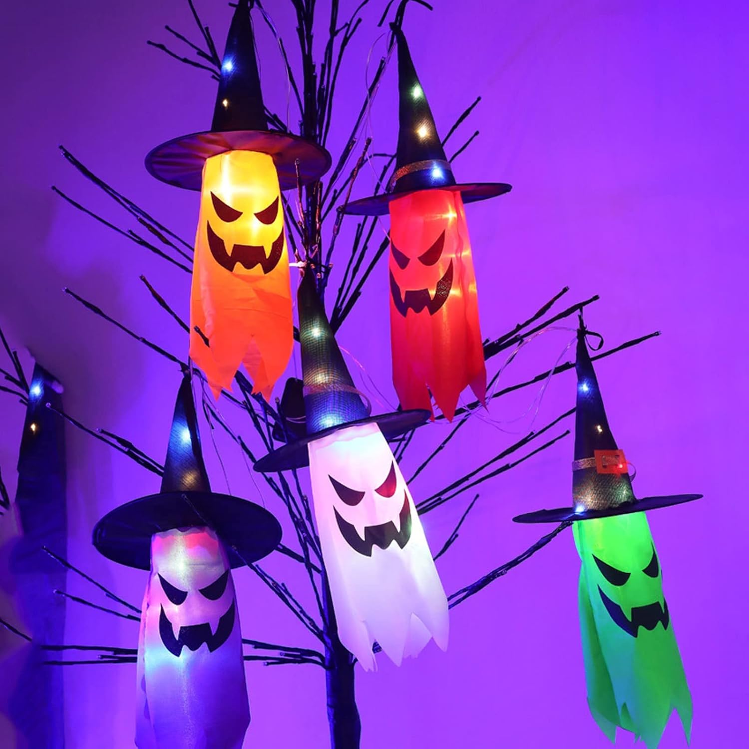 ハロウィン デコレーション 屋外 5 個 吊り下げハロウィン ライト付き 光るゴースト ウィッチハット LED ストリングライト付き パーティー ガーデン用