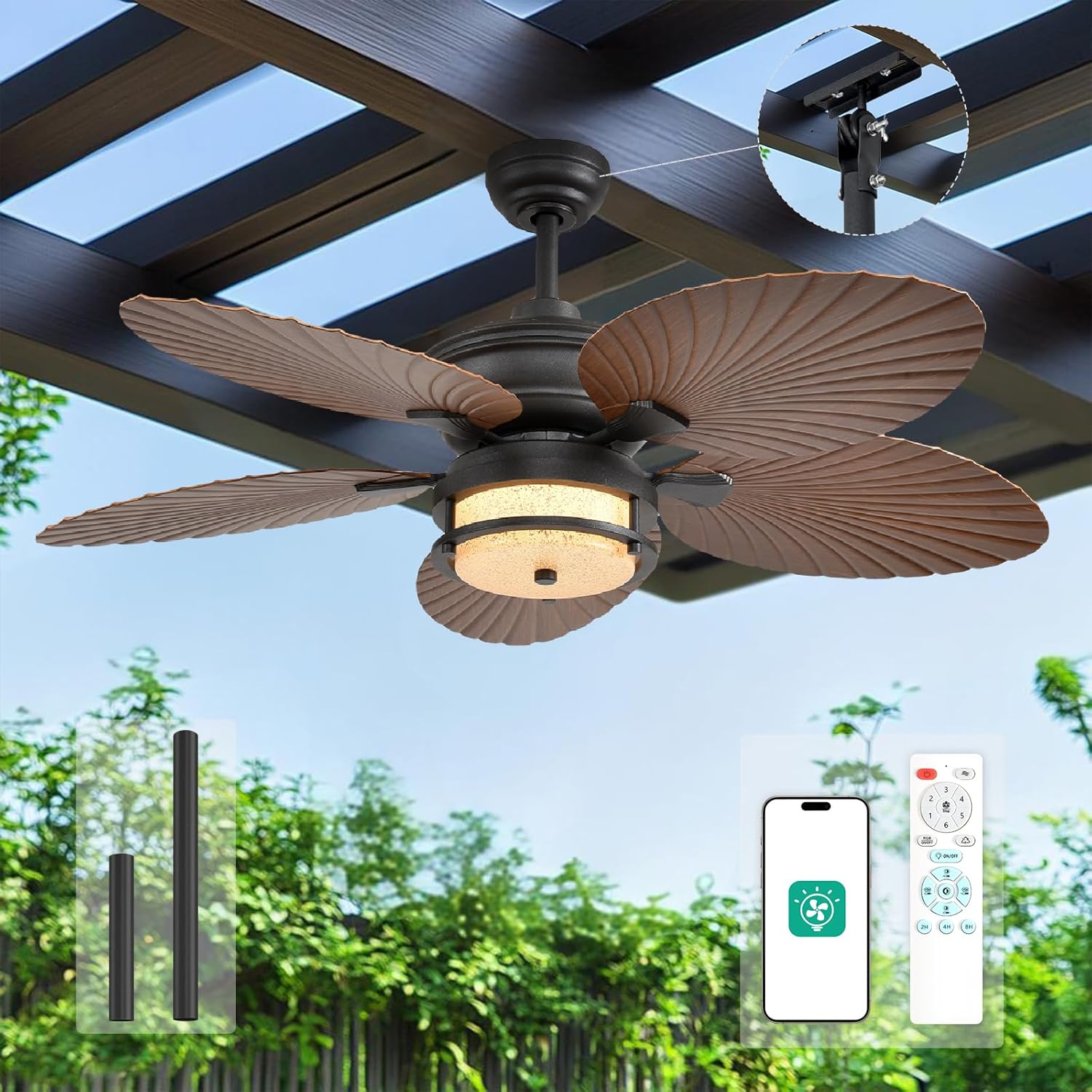 Orison 52インチ 屋外シーリングファン ライト付き トロピカルヤシの葉ファン 耐湿式 パティオ、ポーチ用