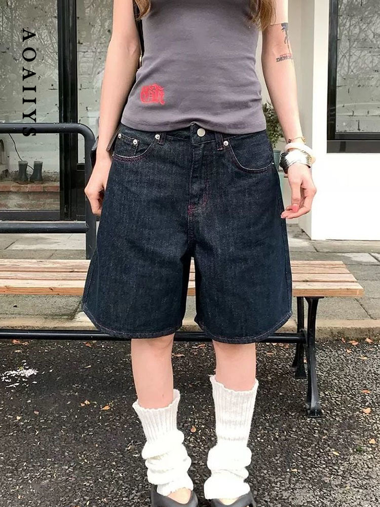Aoaiys 黒ジーンズ女性デニムショーツレトロ Jorts パンクジーンズショーツ Y2K 2000s 原宿ふくらはぎ丈パンツ日本のハイストリート