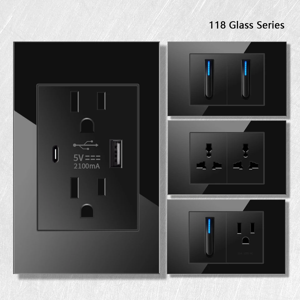 アメリカ標準電源コンセントダブル USB タイプ C 急速充電器壁ソケット、米国メキシコガラスパネルピアノライト電気スイッチ