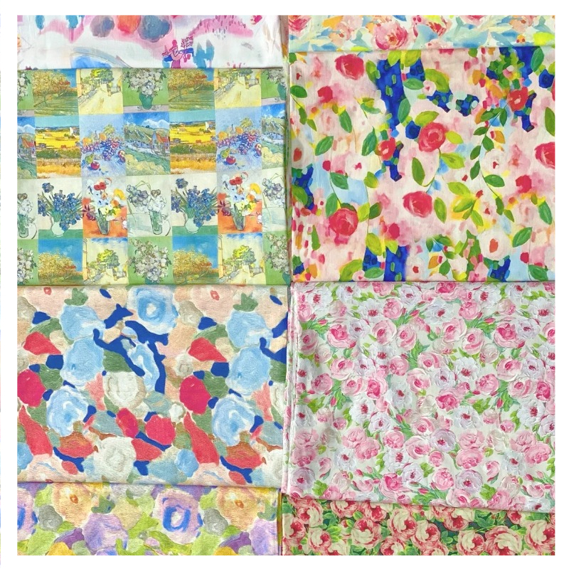 145x50cm、60年代ピュアコットン花柄生地ドレス、デジタル印刷、油絵スタイル、夏服縫製布