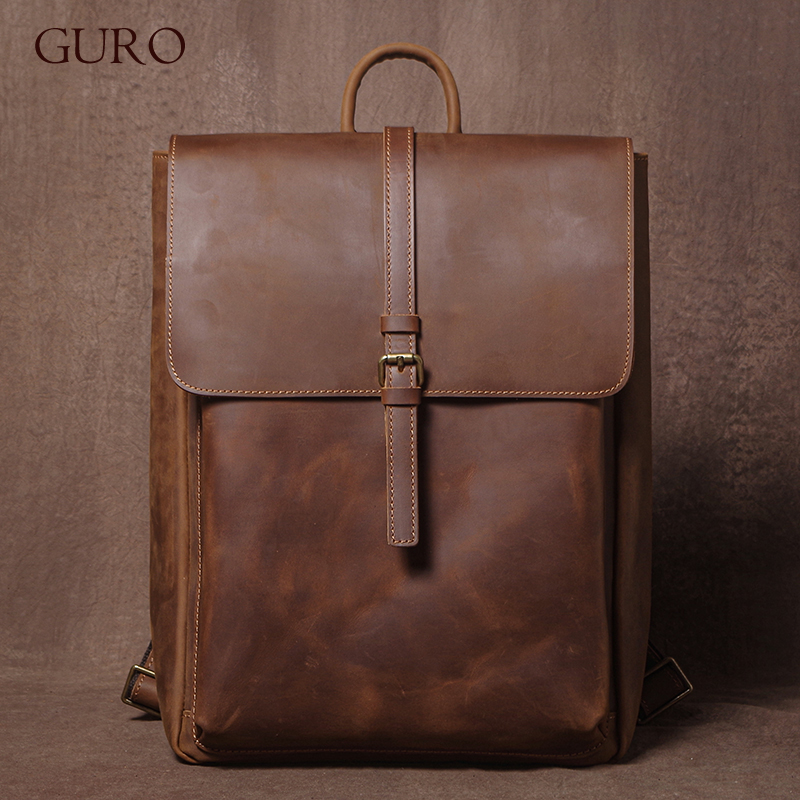 GURO メンズレトロ本革バックパックシンプルなフラップトラベルバッグ女性天然牛革デラックス通学毎日の通勤バックパック