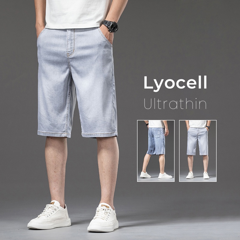 リヨセル薄型メンズだぶだぶのデニムショーツ緩い夏カジュアルストレッチソフトストレートジーンズ男性ブランドショーツ男性ブルーグレー