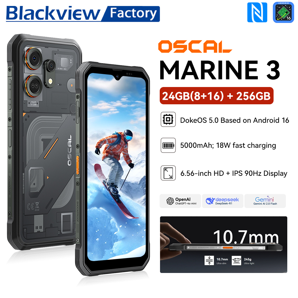 グローバルバージョン Blackview OSCAL Marine 3 頑丈なスマートフォン Android 16 6.56" HD IPS ディスプレイ 24GB(8GB 16GB) 256GB NFC 携帯電話