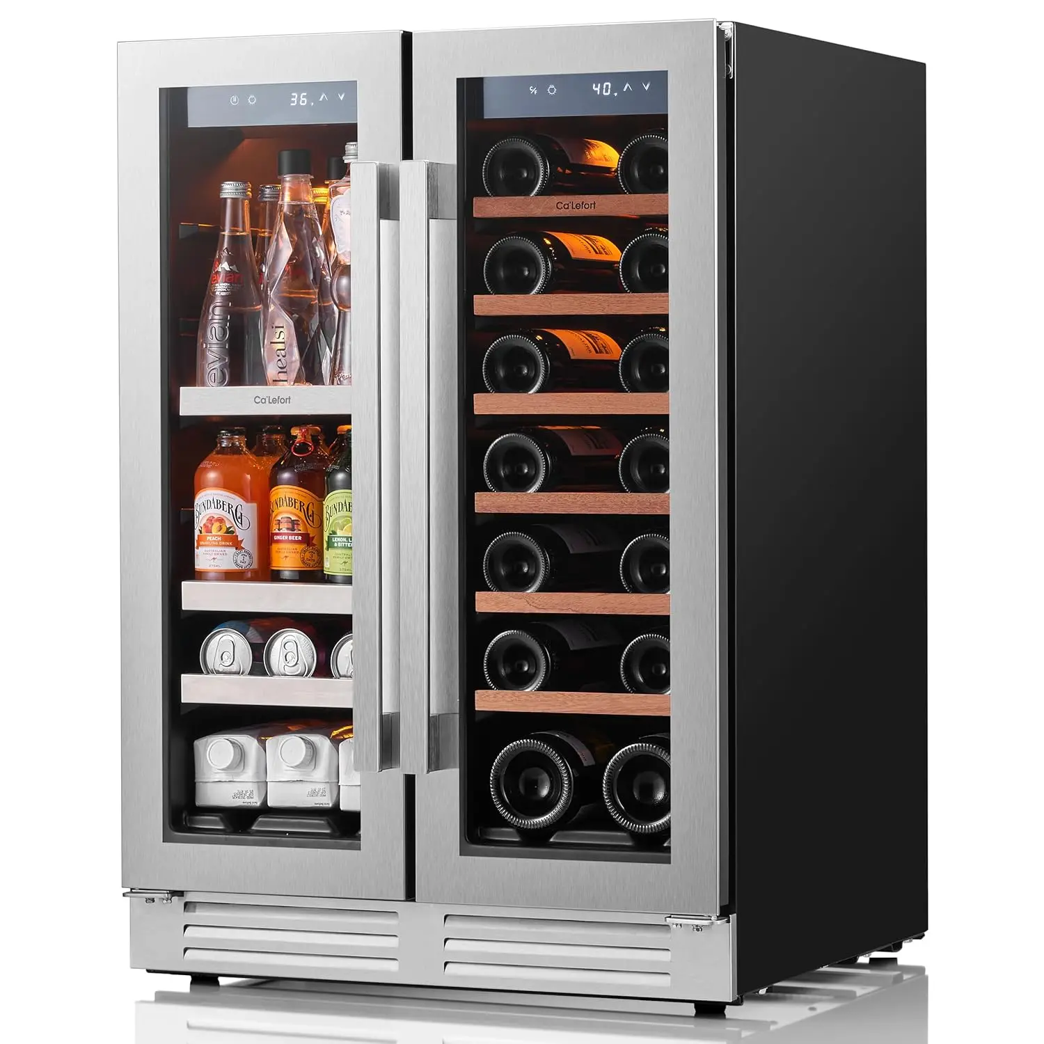 24 インチのワインおよび飲料冷蔵庫、60 缶 20 ボトルのデュアルゾーンクーラー、ガラスドア付き、3 LED 内蔵、カスタマイズ